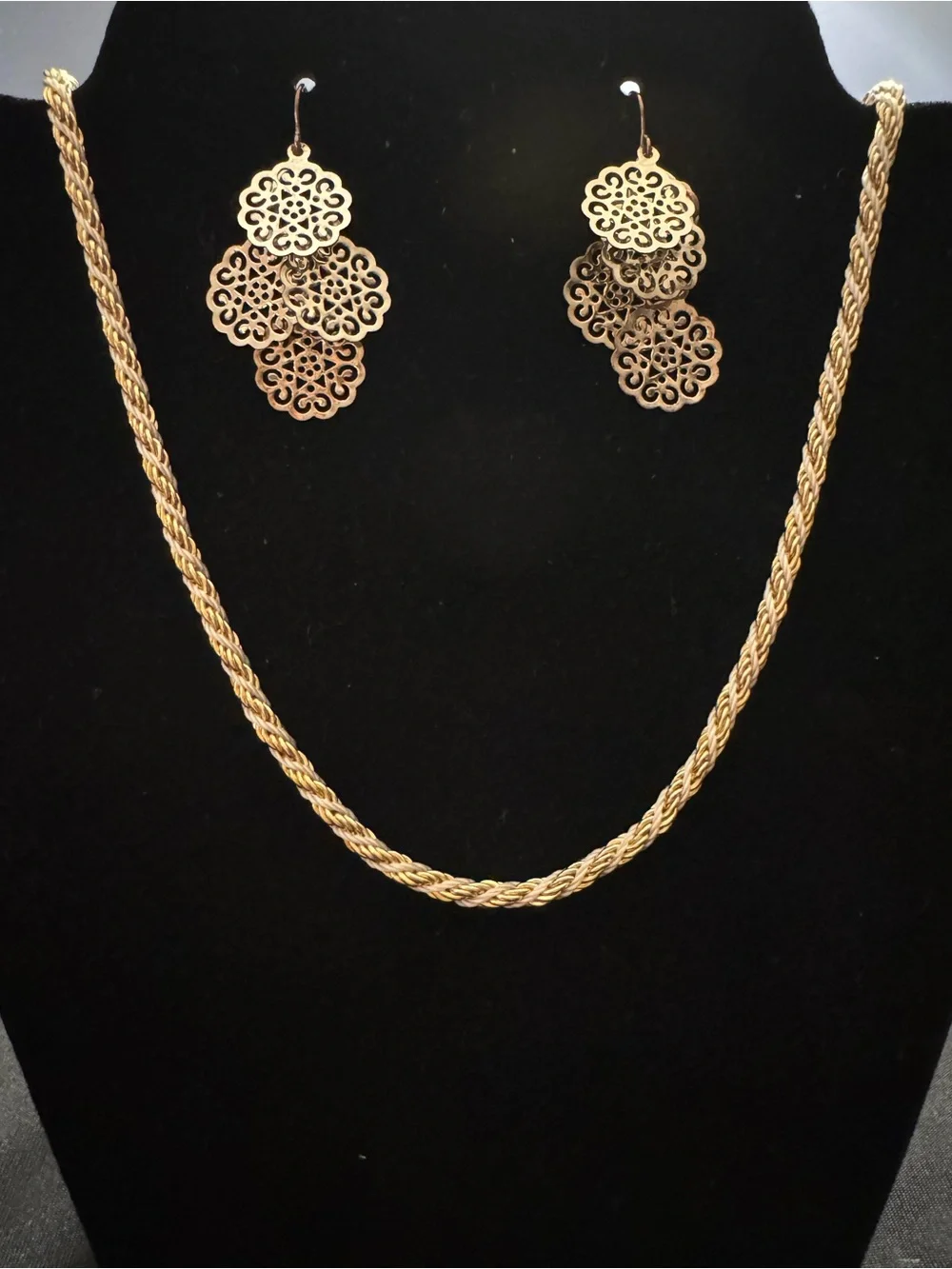 Vintage Bundle - Gold Tone Braided Rope Necklace and Filigree Drop Earrings